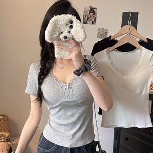 New Pure Desire V-Neck Lace Long-Sleeved T-Shirt for Women in Autumn and Winter with Bow Inner Layering Shirt Slim Short Top