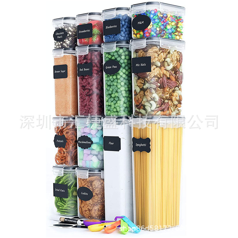 Tanque de sellado de almacenamiento de alimentos, caja de almacenamiento de cocina, grano, bocadillos, material PP, 16 juegos de grado de alimentos a prueba de humedad sellado
