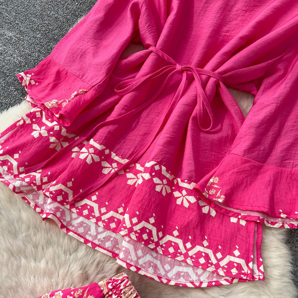 Women's Pant Set V Neck Lantern Sleeve Top And High Waisted Trousers_voghion.com