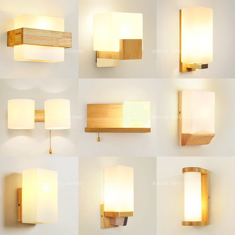 Factory direct sale simple Nordic wood living room bedroom bedside aisle balcony glass solid wood wall lamp iron collection