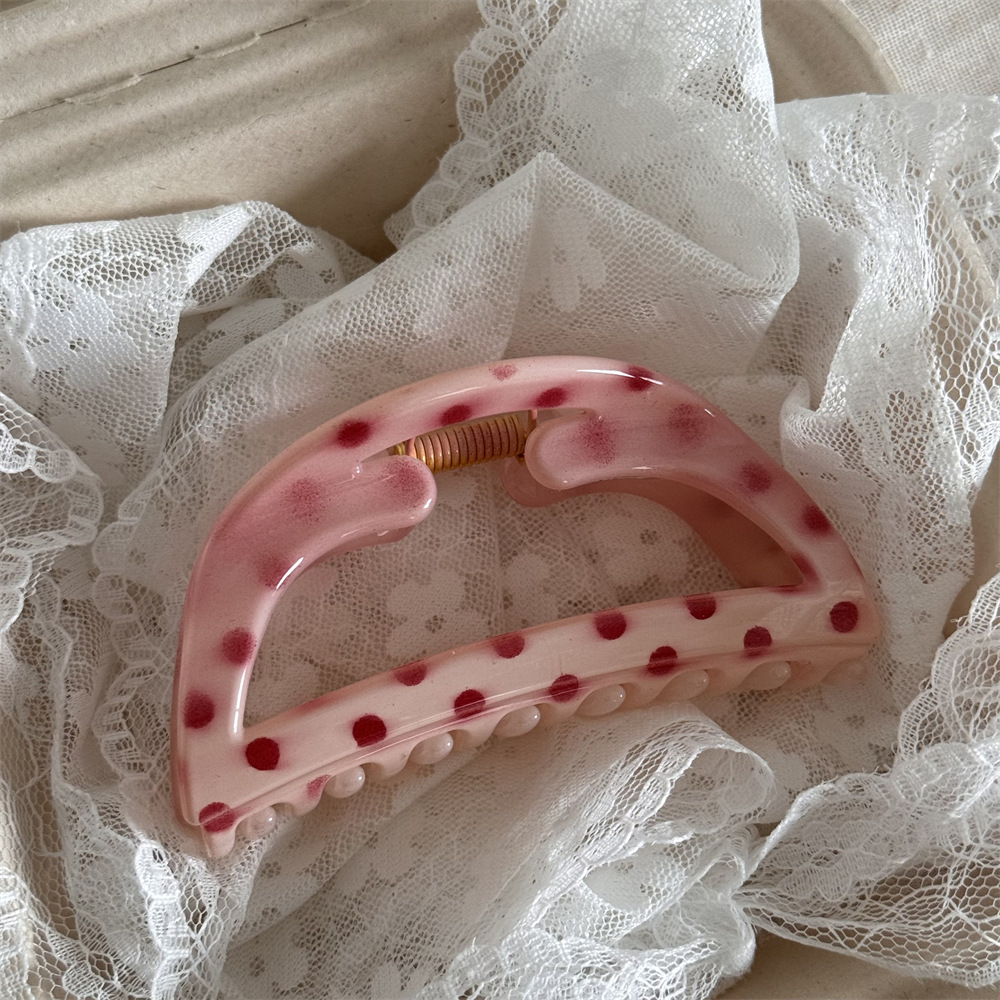 Pinza de tiburón semicircular rosa lunares, estilo fresa premium para chicas