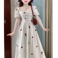 学生茶歇法式泡泡袖白色连衣裙子夏季新款女装新中式气质仙女长裙