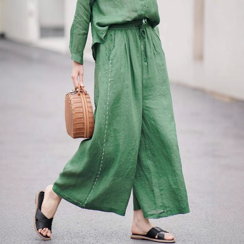 Ramie Wide-Leg Pants for Women Summer 2025, Elegant Elastic Waist, Loose Casual Straight-Leg Long Pants, Wholesale Ramie Breathable