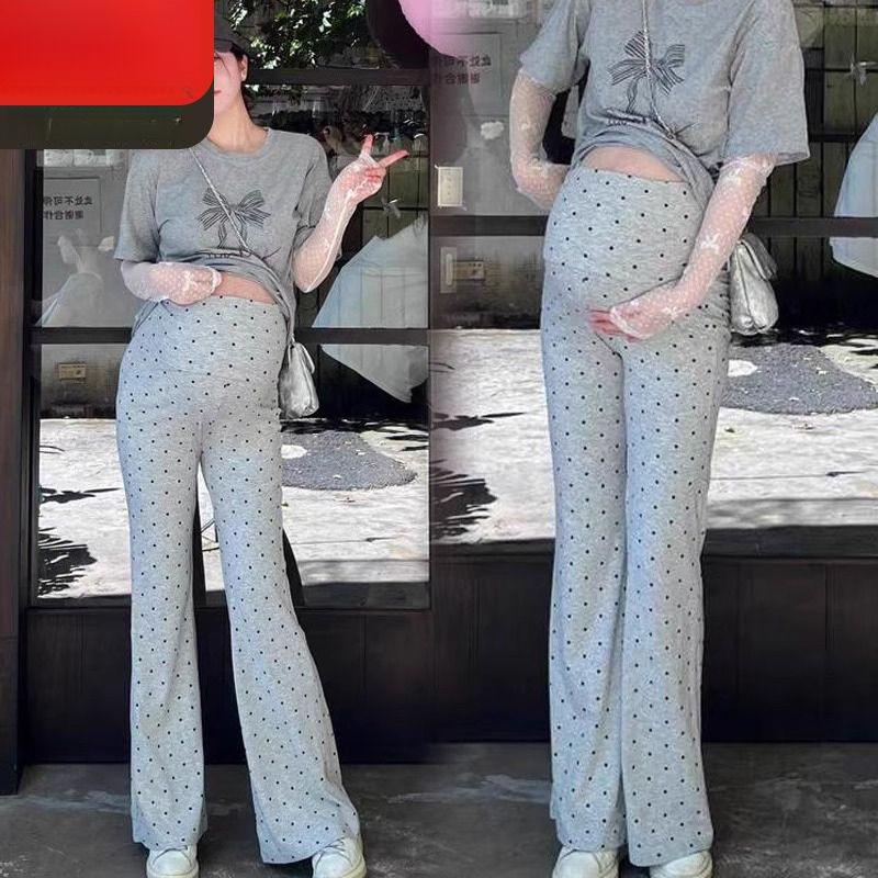 Maternity Micro-Flared Polka-Dot Pants, Spring & Fall Outer Wear, Small Wide-Leg Pants, Casual Loose Straight-Leg Flared Pants, Maternity Wear