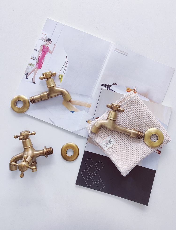 French-style antique brass 4-point washing machine faucet, one in and two out for dual use, 6-point quick-opening mop sink, single cooling faucet undefined