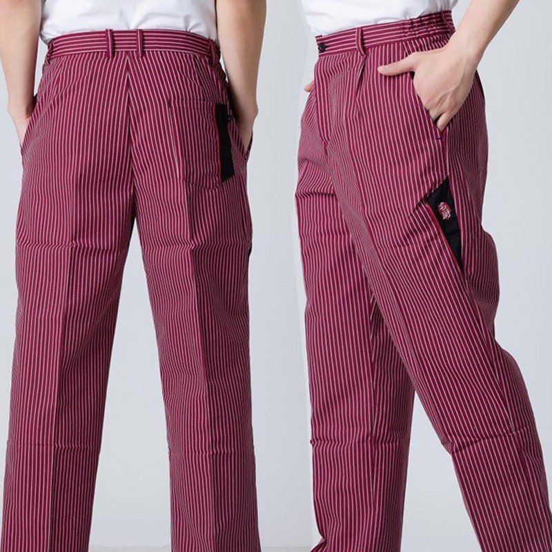 Pantalones de trabajo a rayas para chef de hotel y restaurante al por mayor, en stock, con banda elástica, pantalones de uniforme de servicio negro, personalizados.