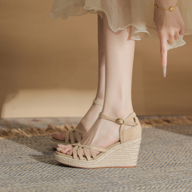 Sandal cao gót nữ hở mũi đế xuồng bọc dây thừng gót 9 cm — màu đen