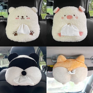 Car-mounted cartoon plush tissue box, creative cute pet car-mounted armrest box, car seat back tissue box cover