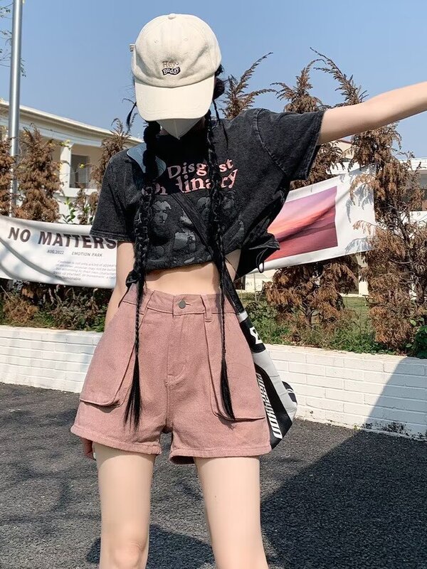 Dirty Pink American Style Tooling Denim Shorts Women's New High Waist Slimming Flesh Covering All-match Straight Tube Ins Hot Pants