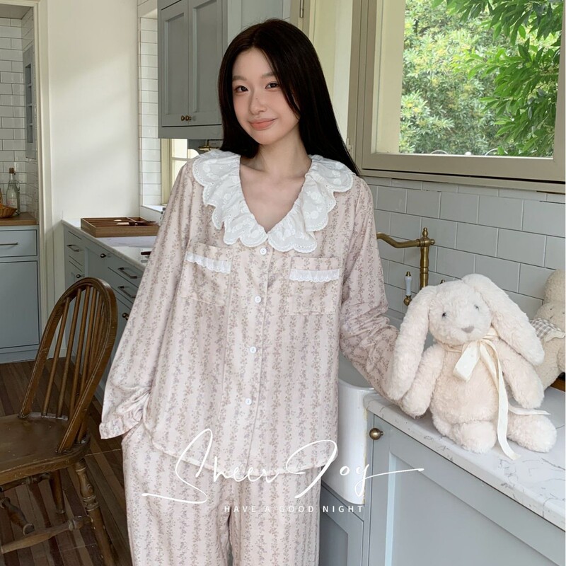 Summer princess-style cute blue mist flower town long-sleeve long-pants pure cotton pajama set Summer princess-style cute blue mist flower town long-sleeve long-pants pure cotton pajama set