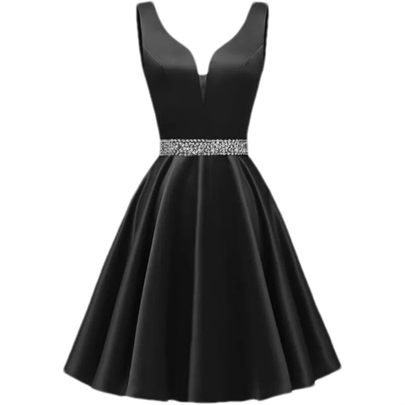 International Foreign Trade Overseas Warehouse Short Evening Dress for Women, Sleeveless, Deep V-Neck, Rhinestone Belt, Satin A-Line Dress for Banquets