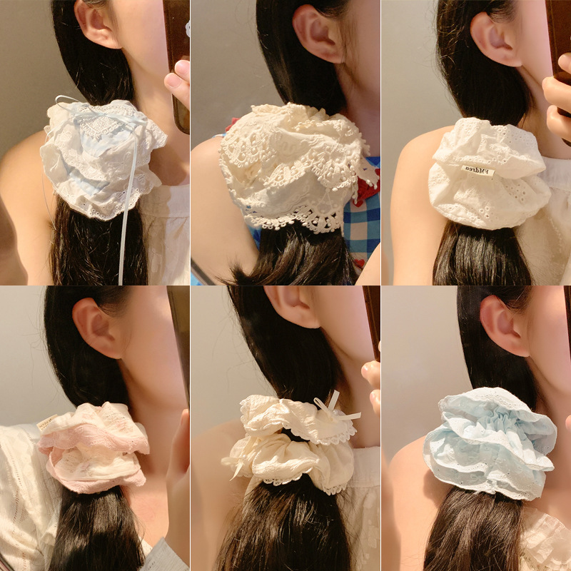 Primavera y verano suave estilo coreano gran encaje de punto grueso lazo para el cabello femenino estilo perezoso sentido de alta calidad cabeza de cola de caballo baja cuerda accesorios para el cabello