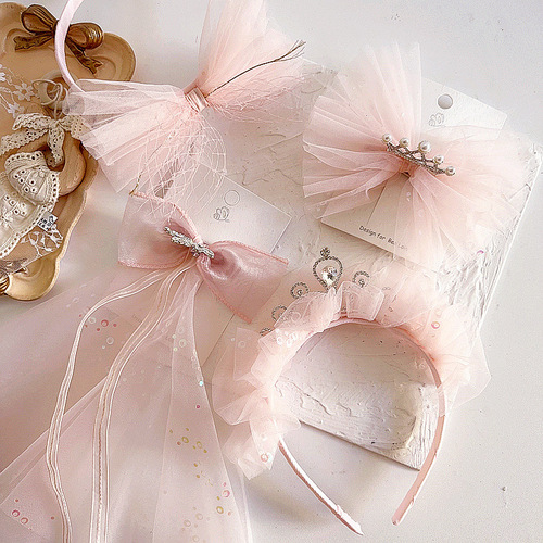 New Princess Style Pink Sequined Mesh Diamond Crown Pressure Clip Headband Pressure Clip Streamer Children's Hair Accessories Headwear