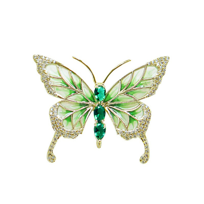 High-grade Exquisite Green Butterfly Brooch Women's Luxury Elegant Diamond-encrusted Suit Sweater Corsage Pin Fixed Clothes Accessories