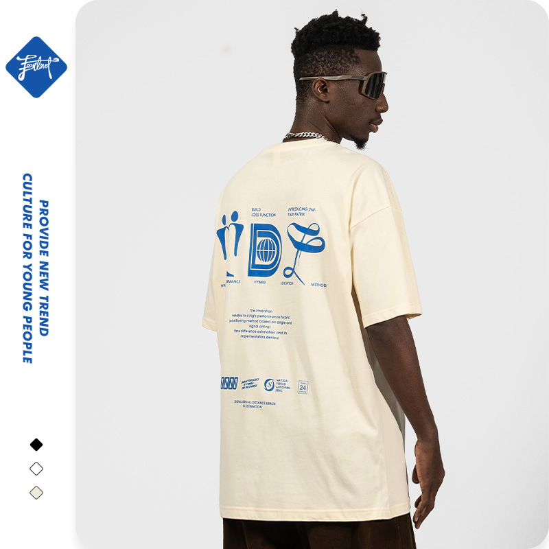 Vyriški trumpomis rankovėmis 220 g pavasario-vasaros medvilniniai laisvi marškinėliai paaugliams su kinišku abstrakčiu spaudiniu_voghion.com