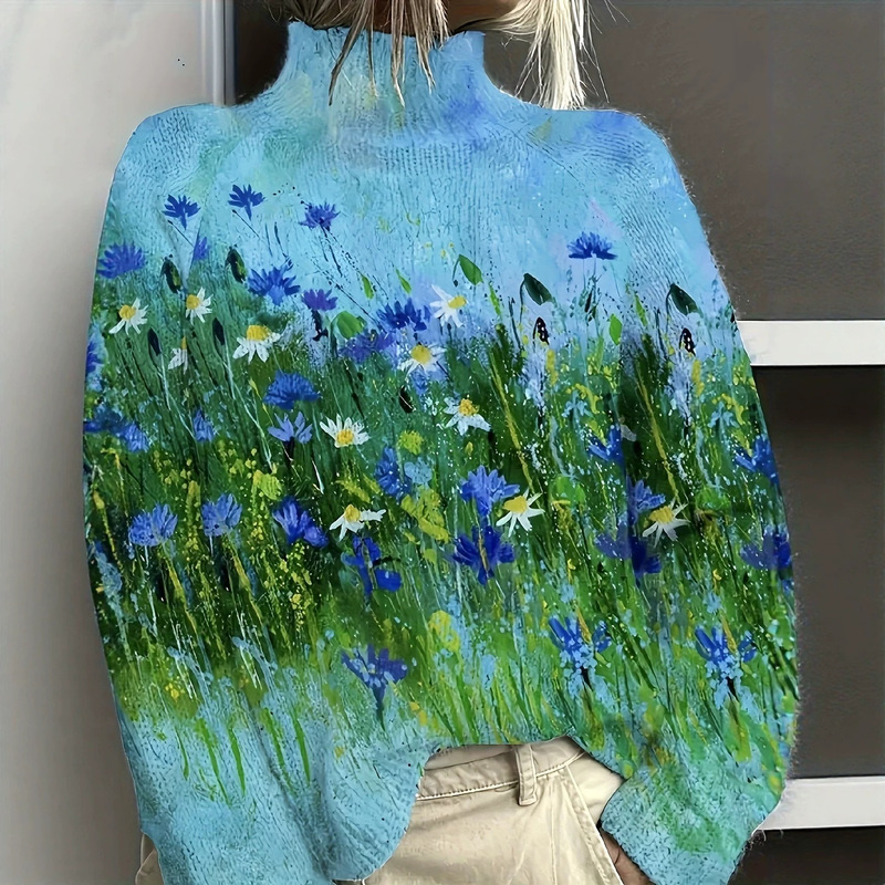 New European and American women's fashion high-neck floral print sweater, women's loose long-sleeve knitwear, popular cross-border autumn and winter item New European and American women's fashion high-neck floral print sweater, women's loose long-sleeve knitwear, popular cross-border autumn and winter item