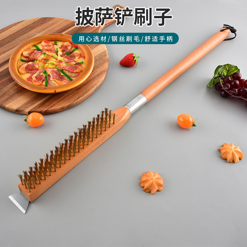 Detachable Beech Wood Pizza Brush, Barbecue Grill Copper Wire Brush, Long-Handled Grill Cleaning Brush, Pizza Stone Brush Cleaning Tool