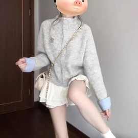 韩系复古灰色拼接格子针织开衫女春秋慵懒松弛感宽松显瘦毛衣外套
