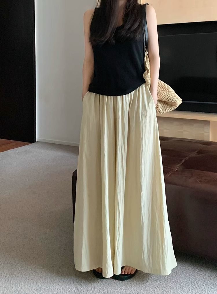 Textured casual trousers for women new retro high waist slim design solid color wide leg skirt pants_voghion.com