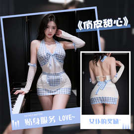 情趣内衣纯欲格纹女仆甜美辣妹性感免脱诱惑镂空制服免脱套装8275