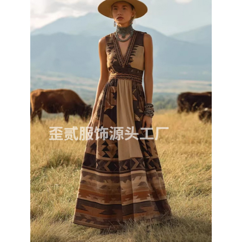 2026 Spring New Style Retro Western Aztec Geometric Pattern V-Neck Sleeveless Long Dress Y2 Wholesale 2026 Spring New Style Retro Western Aztec Geometric Pattern V-Neck Sleeveless Long Dress Y2 Wholesale