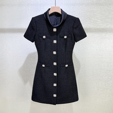 秋冬2025名媛小香风粗花呢缎面立领拼接单排钻扣短袖修身连衣裙