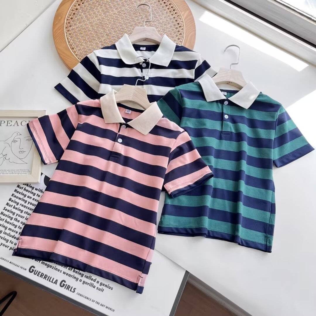 Japanese style boys' and girls' 2024 Spring/Summer new style polo shirt, striped short-sleeved casual top, 465154
