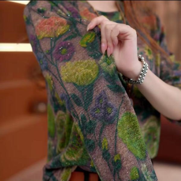 New warm round-neck high-end pullover shirt with floral pattern, fashionable long-sleeved top, base shirt