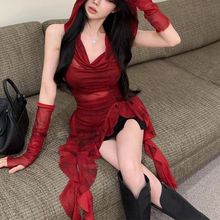 夏季新款纯欲辣妹性感连帽荷叶边带袖套修身网纱T恤上衣打底衫女