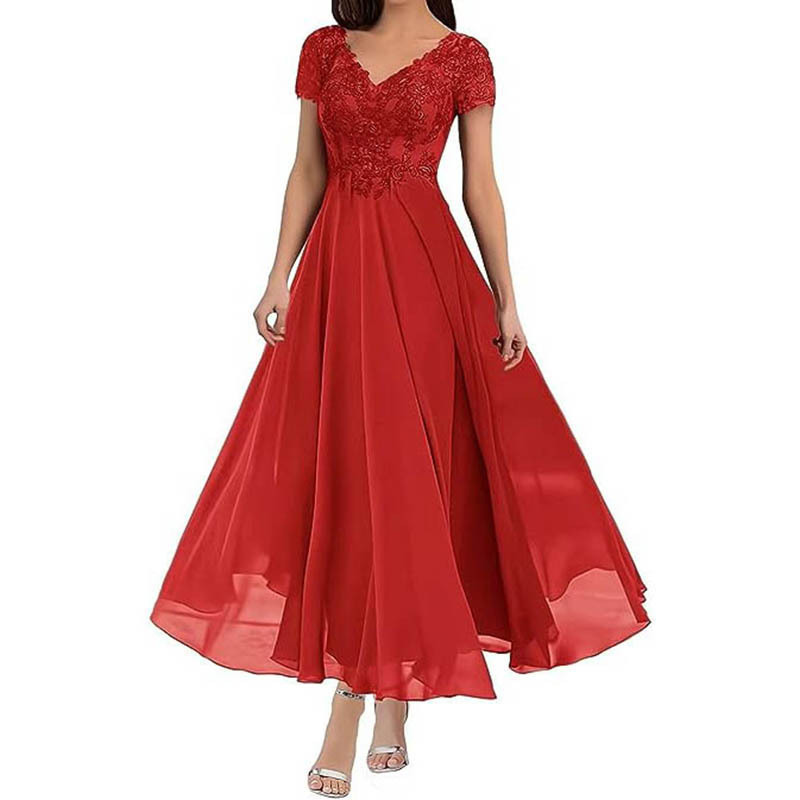 V-Neck Long Plus-Size Chiffon Banquet Bridesmaid Dress Elegant Short-Sleeve Dress Evening Gown Amazon Cross-Border