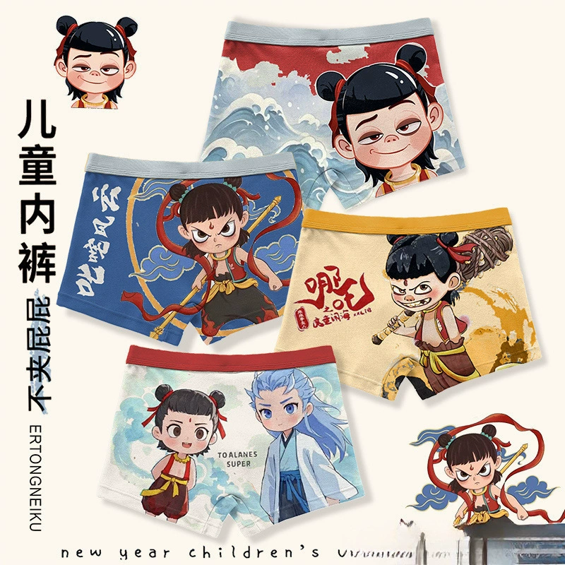 Детское нижнее белье, шорты-боксеры из чистого хлопка для мальчиков, маленькие мальчики, детские шорты среднего и большого размера, четырехугольные Nezha Magic Child, новый стиль, бесплатная доставка
