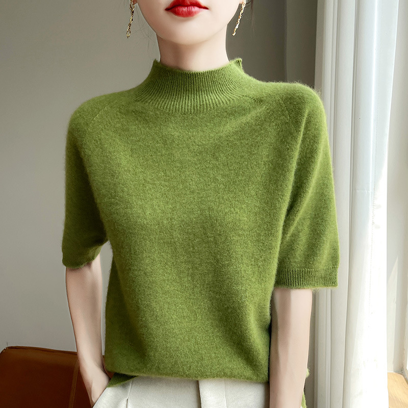 One-Line Ready-To-Wear Half Turtleneck Medium Half-Sleeved Knitted Bottoming Shirt for Women Worsted Seamless Pullover Loose Short-Sleeved Sweater Spring & Fall