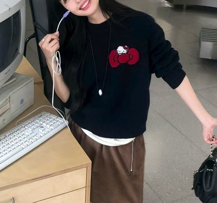 猫咪蝴蝶结提花套头圆领毛衣女2025秋冬新款减龄慵懒风针织衫上衣|undefined