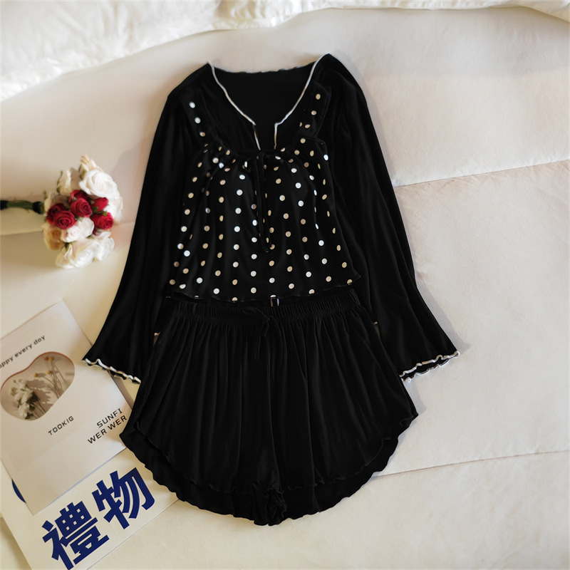 ND8394.3#(가슴 패드 포함) 폴카 도트 블랙 조끼 + 블랙 재킷 + 블랙 반바지