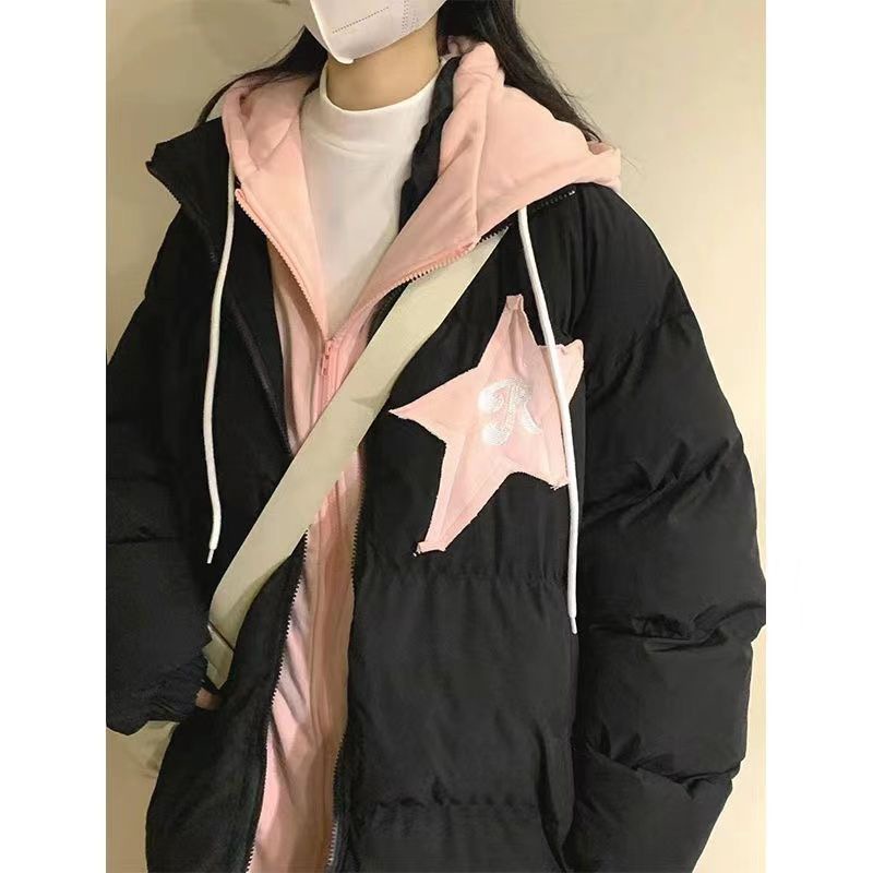 Falso de dos piezas de estilo americano retro estrellas pegado chaqueta de algodón con capuzas de invierno suelta nicho sentido de diseño image 2