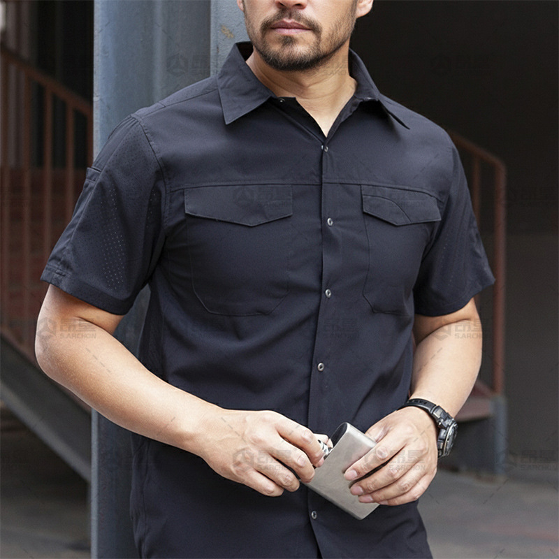 Summer Outdoor Tactical Short-Sleeve Shirt for Men, Breathable Military Style Quick-Dry Shirt with Turn-Down Collar, Casual Workwear Top for Men