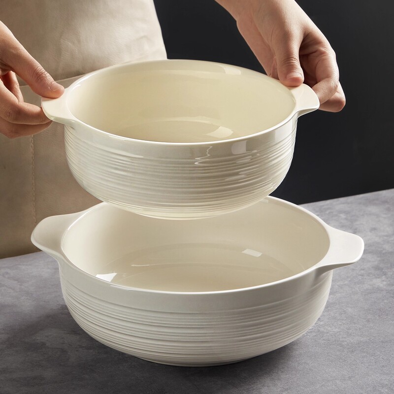 Ceramic White Double-Handle Soup Bowl, Simple Large Bowl, Japanese-Style Instant Noodle Bowl, Pickled Fish Bowl, Household Large Capacity Bowl, Plate