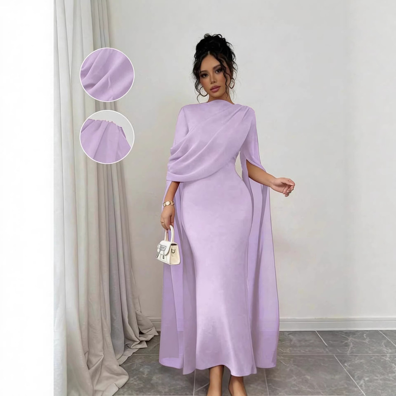 New European and American Cross-Border Trade Chiffon Shawl-Sleeve Evening Dress, Slim-Fit and Figure-Flattering Long Gown for Wedding Guests New European and American Cross-Border Trade Chiffon Shawl-Sleeve Evening Dress, Slim-Fit and Figure-Flattering Long Gown for Wedding Guests
