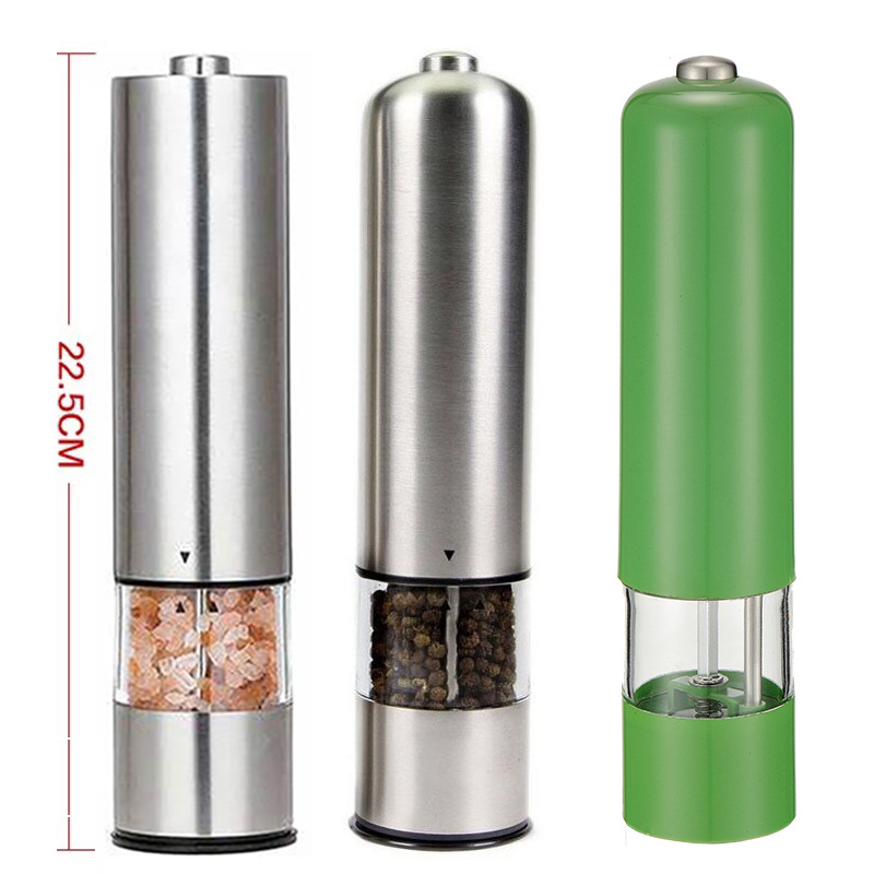 Cruzar la frontera en forma de torre de cabeza plana cabeza redonda de acero inoxidable ABS plástico molinillo de pimienta eléctrica de acero inoxidable de sal gruesa barbacoa