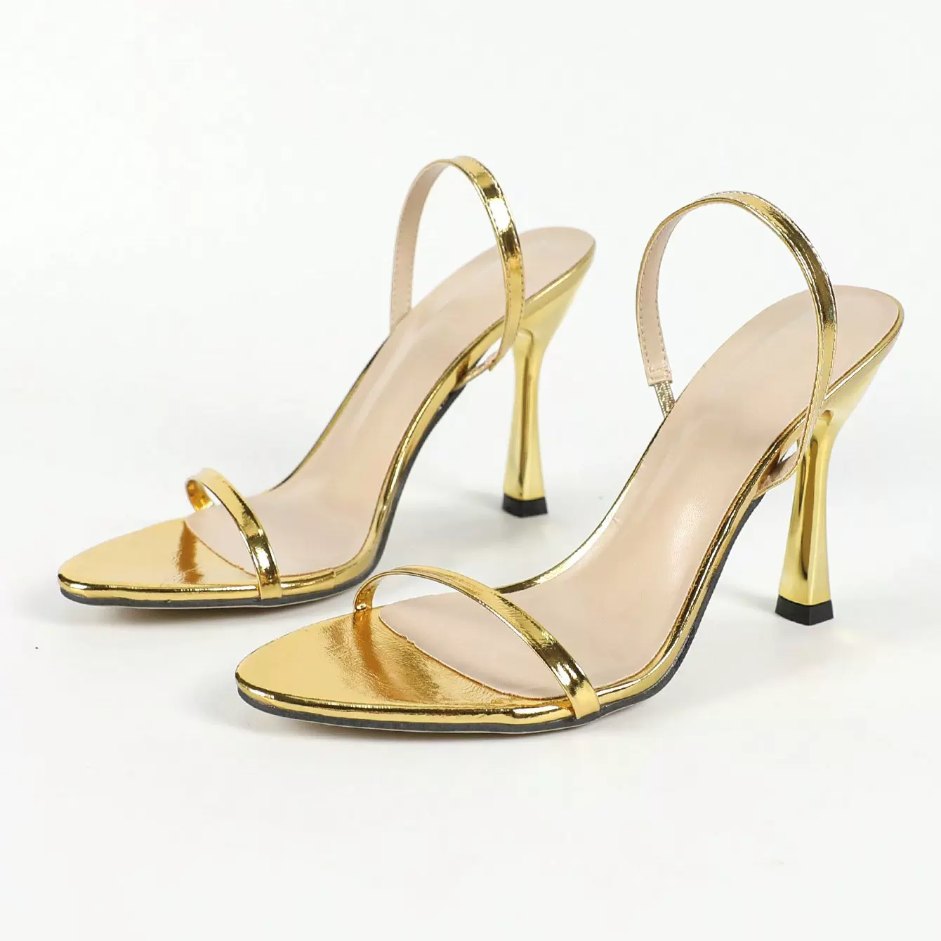 厂家直销跨境外贸女士高跟鞋烫金色PU皮革双层UV电镀细高跟凉鞋