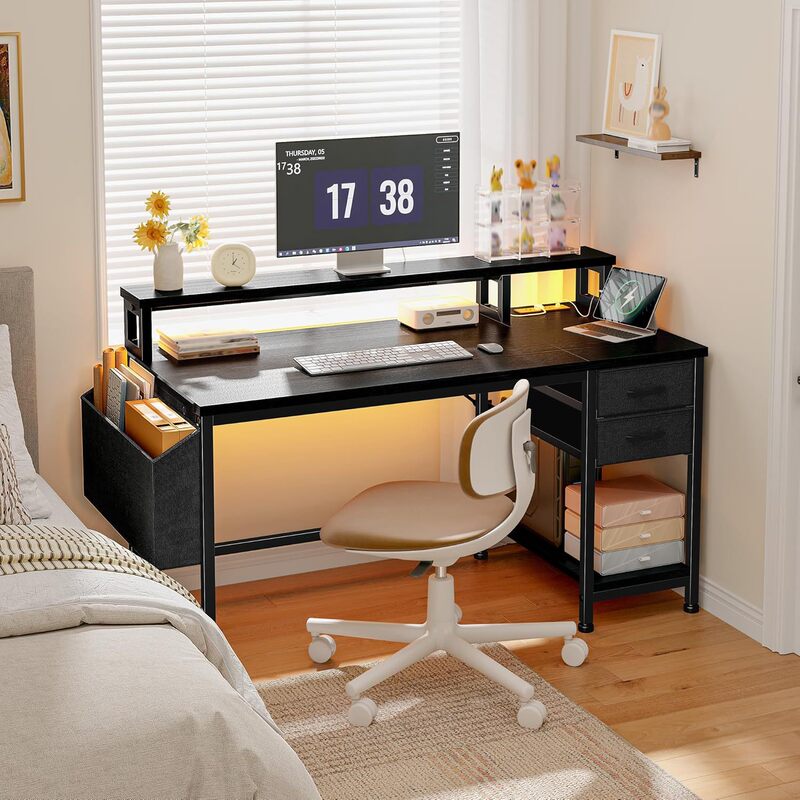 40inch Gaming Desk with Drawers and Storage Pockets, Computer Desk with Power Outlet and Led Lights