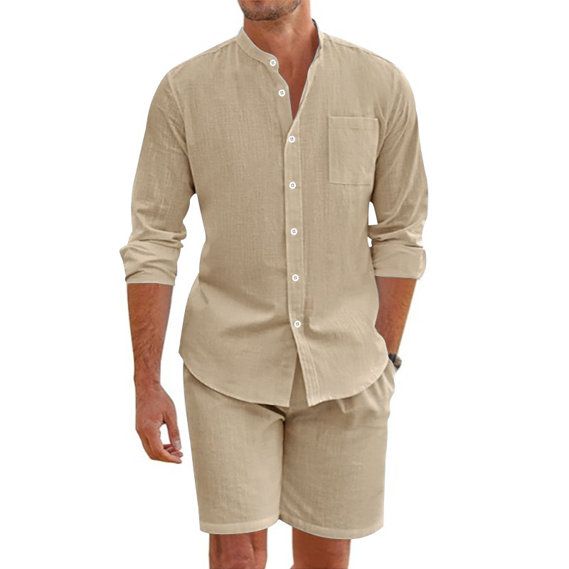 2026 Amazon hombre de verano dos piezas camisa de botón de lino manga larga pantalones cortos cardigan traje de playa casual