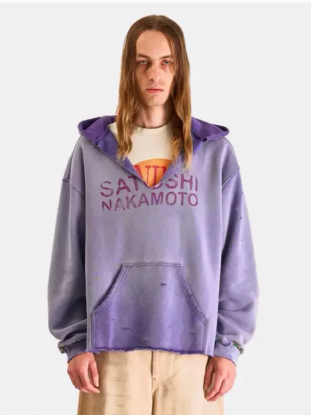Satoshi Nakamoto washed distressed pullover hoodie with letter print, vintage style, and rolled hem