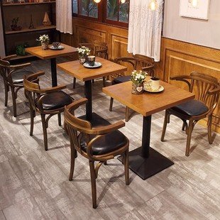 Industrial Style Table and Chair Combination for Cafes, Restaurants, and Bars, Solid Wood Small Square Tables and Chairs, Commercial Retro Industrial Style