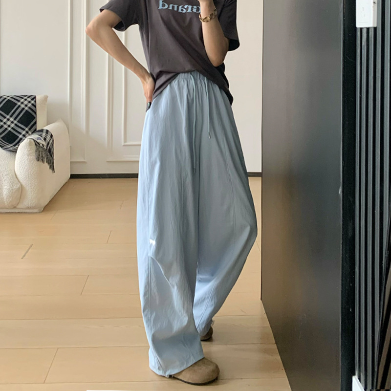 速干休闲高腰刺绣工装阔腿裤女夏季薄款宽松显瘦百搭小个子运动裤