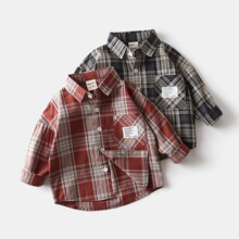 儿童长袖衬衫批发2025新款男童衬衣宝宝时尚格子贴标韩版宽肩衬衫