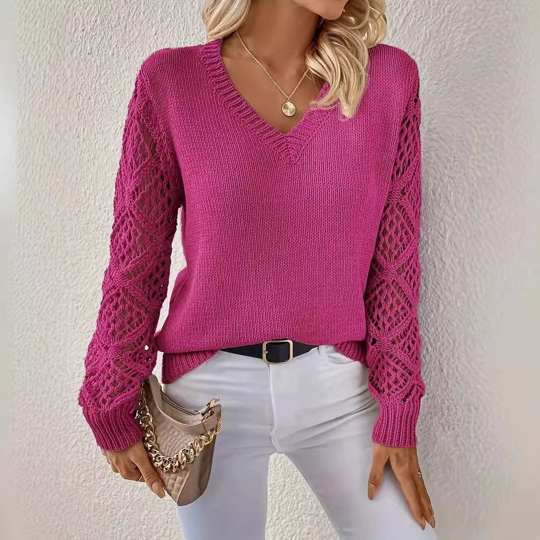 Primavera y otoño, suéter hueco de manga larga, ropa de mujer, gancho, Jacquard flojo, chaqueta de fondo de cuello en V, explosión transfronteriza, punto