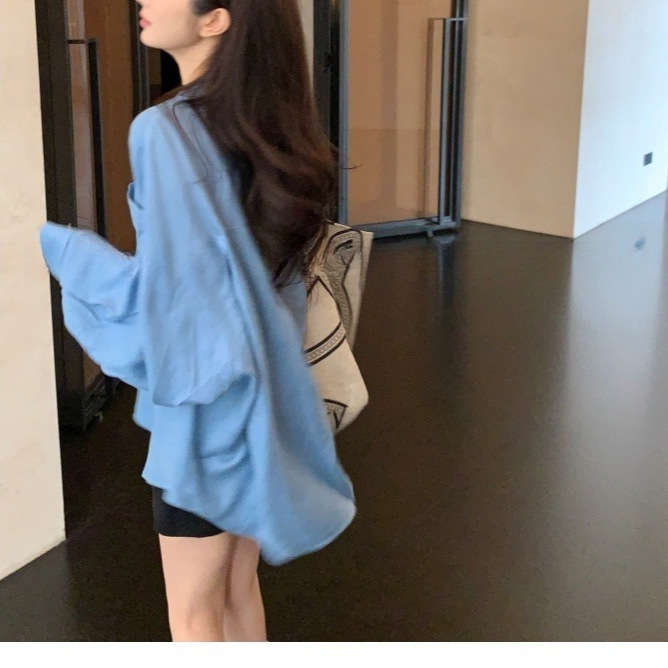 あち大も池の白い天糸亜麻の襟のシャツの女性の長袖の怠惰でゆったりとした通気性の日焼け止めの上着|undefined