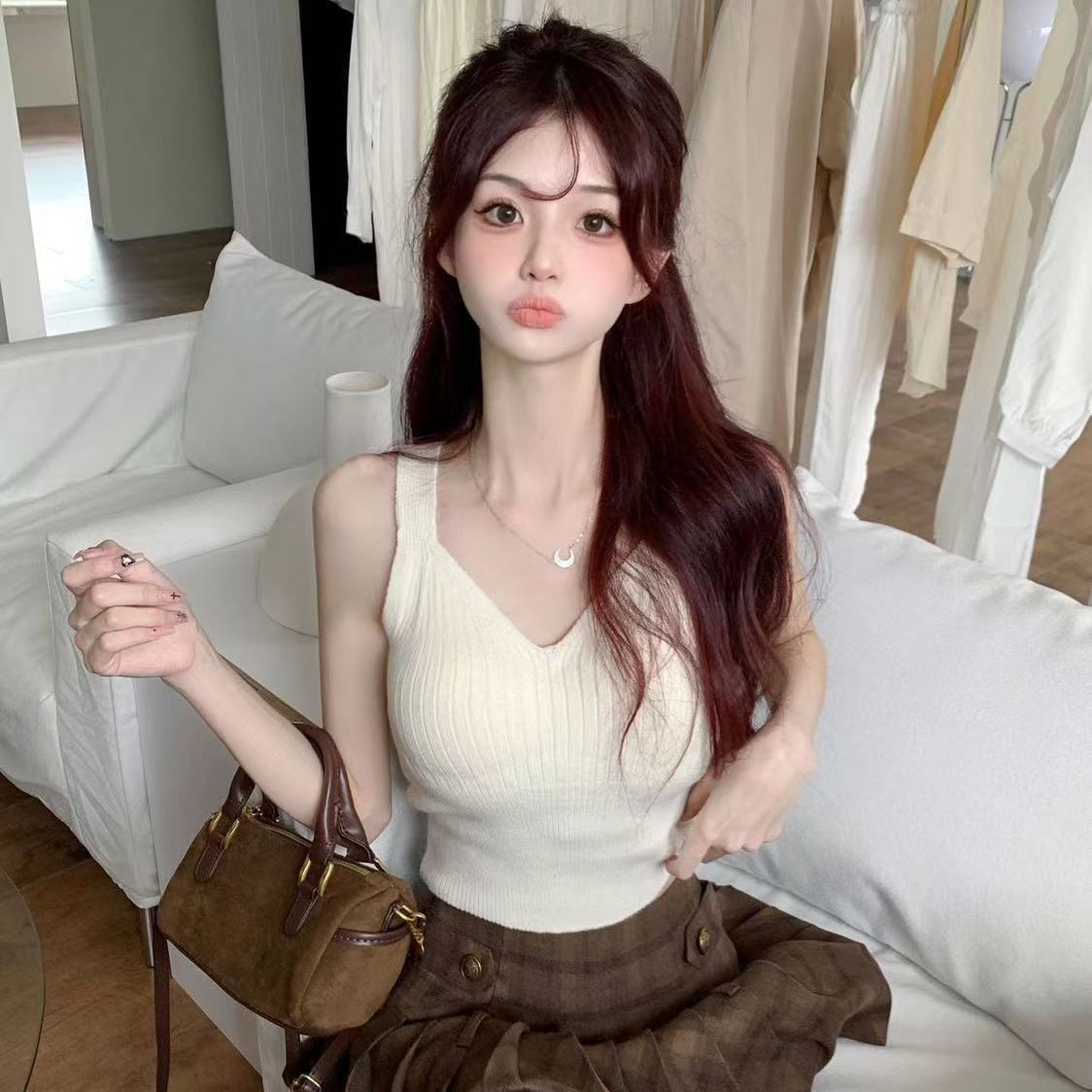 (2개) PURE DESIRE V 넥 원활한 열 조끼 여성용 벨벳 두꺼운 서스펜션 뷰티 스트랩 가슴 패드 따뜻한 옷 니트 BOTTOMING SHIRT