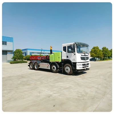 Blue license plate Dongfeng pure electric hook-lift garbage truck, detachable cargo box garbage truck, 2-8 cubic meters box capacity